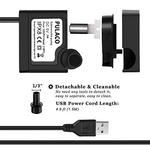 DC 5V USB Mini Submersible Water Pump with Tubing for Pet Fountain, Aquarium Fish Tank, Pond, Fountain, Hydroponics