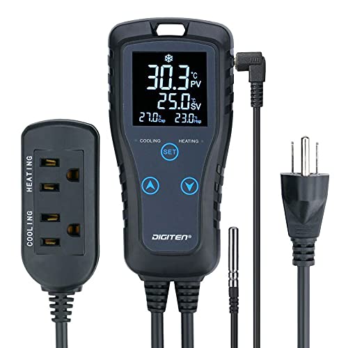 DIGITEN DTC102 Temperature Controller Outlet 2-Stage Plug in Thermostat Digital Greenhouse Thermostat Reptiles Temperature Controller Heating Cooling Mode for Homebrewing Fermentation Space Heater - style: 2-Stage Temperature Controller
