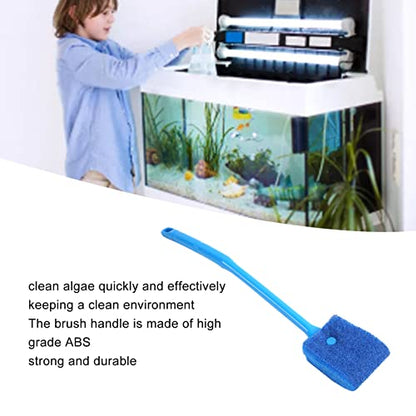 Aquarium Cleaning Brush, Double Sided Sponge Brush with Long Handle Seaweed Scraper for Aquarium with Hanging Holes for Aquarium Acrylic Glass(Blue)