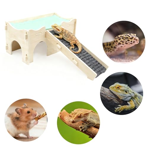 Bearded Dragon Tank Accessories, Wooden Assembled Hide Cave with Ramp and Mat, Reptile & Amphibian Habitat Hideouts for Gecko, Bearded Dragon and Other Small Reptile