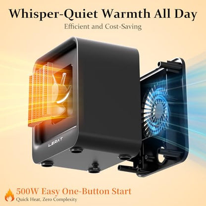 Lerat Space Heater, Portable Mini Heater for Indoor Use, 500W Fast Heating Small Desk Heater with Overheating & Tip-Over Protection, Lightweight Electric Heaters for Office, Home, Camping，Black