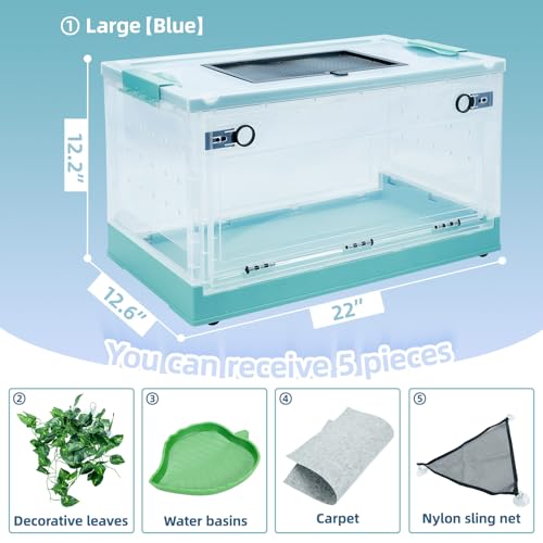 22" Foldable Mesh Reptile Terrarium for Bearded Dragon & Gecko | High-temp resistant mesh; foldable design for portability. Clear panels allow 360° views. Fits lizards, geckos & iguanas - color: Blue, size: Large (22"x12.6"x12.2")