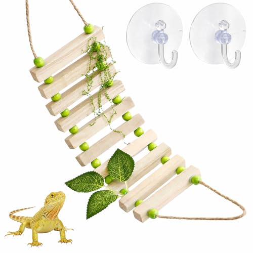 Handmade Wooden Bearded Dragon Climbing Ladder with Artificial Leaves and Moss Leopard Gecko Tank Accessories Bearded Dragon Tank Accessories Hanging Flexible Swing (Green)