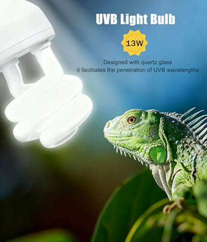 2 Pack E26 5.0 UVA UVB Reptile Light Bulb 13W | UVB Light Tropical Compact Fluorescent Terrarium Lamp for Chameleon Iguana Turtle Gecko Frog Snake - size: 13W UVB 5.0