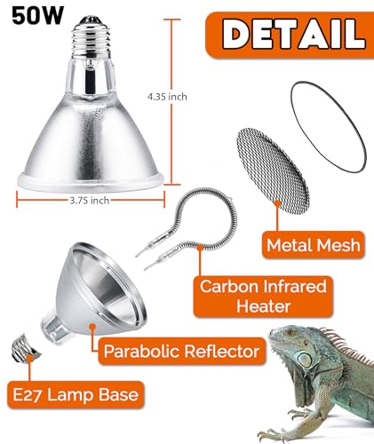 50W Deep Heat Infrared Projector Lamp for Reptiles, Emits both Infrared A & B Wavelengths, Reptiles Basking Light Heat Lamp Bulbs with Reflector for Bearded Dragons, Turtles, Snakes, Lizards, etc.