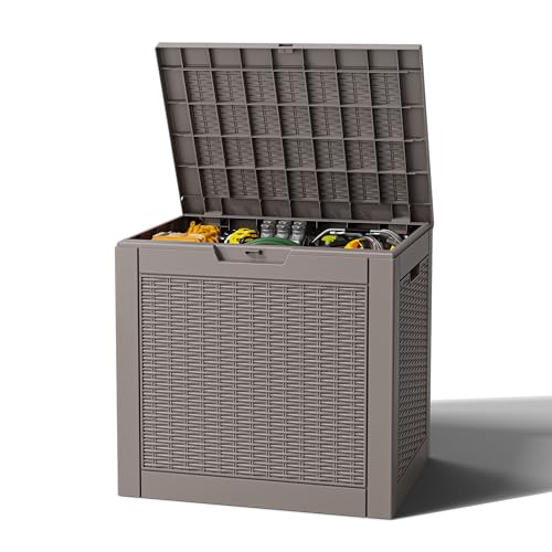 Outdoor Storage Box, Resin Deck Boxes Indoor and outdoor, Waterproof Storage Box Lockable Lid (Grey,31 Gallon) - color: Rattan Grey, style: 31 Gallon