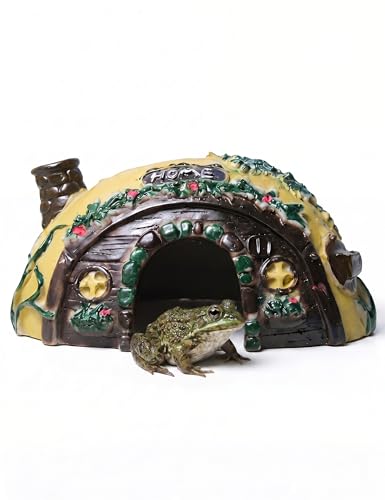 Toad House Resin Reptile Hideout Cave for Frogs Snakes | Yellow and brown half ellipsoid rock, durable habitat decor for garden indoor pet tanks, easy to clean open bottom shell