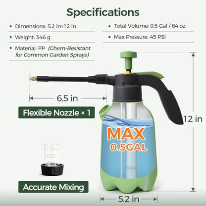 T4U Pump Sprayer 0.5 Gallon, Garden Spray Bottle with Flex Wand | Flexible long-reach nozzle for hanging baskets and hard-to-reach plants; hand pump for lawn care, cleaning and car detailing - size: Flexible Nozzle