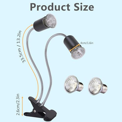 Reptile Heat Lamp with Dual Head, UVA UVB Light for Aquarium Turtle Tank, with 2 * 50w Basking Bulb and 360° Swivel Clamp Stand for Tortoise, Snake, Frog, Lizard. Halogen, Yellow Light - color: Lamp Holder B Dual Head +2 Bulbs