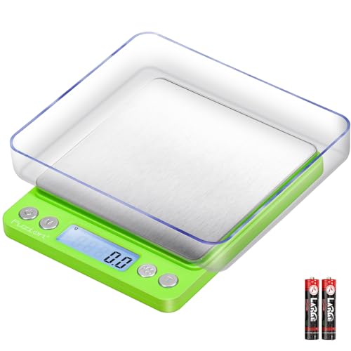 Fuzion Small Gram Scale 3000g, Digital Kitchen Food Scale, Gram and Ounce | 0.1g Accuracy, 6 Modes, 2 Trays Included, Tare Function, Piece Counting, For Food, Coffee, Cooking, Herb, Reptiles, Coins - color: Green