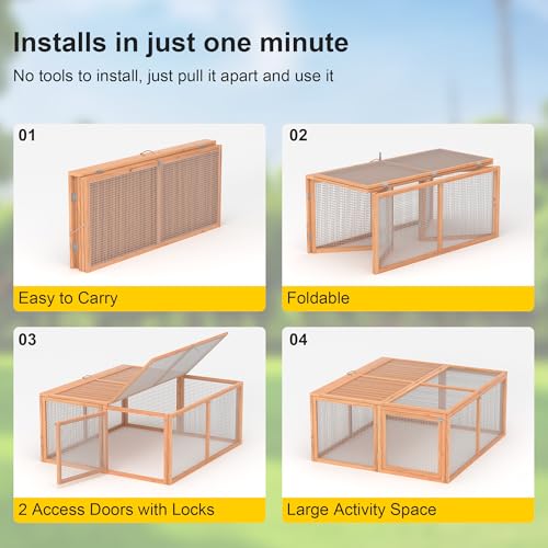 Chicken Coop Run Rabbit Cage No Assembly Portable Chicken Run Bunny House with Top & Side Opening Doors,Outdoor Small Animal Playpen Wooden Chicken Brooder Box Guinea Pig Cage 45"x 42"x 20" - color: Wood