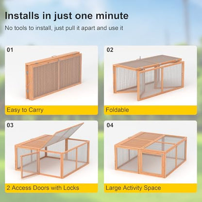 Chicken Coop Run Rabbit Cage No Assembly Portable Chicken Run Bunny House with Top & Side Opening Doors,Outdoor Small Animal Playpen Wooden Chicken Brooder Box Guinea Pig Cage 45"x 42"x 20" - color: Wood