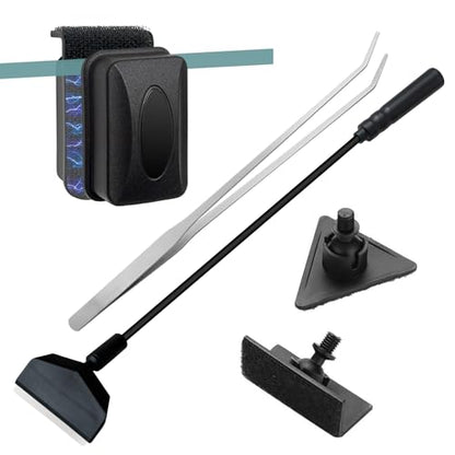 5PCS Small Fish Tank Cleaner Kit: 3-in-1 Algae Scraper with Blade & Sponge Brushes, Curved Aquarium Tweezers & 2" Magnetic Glass Cleaner for Nano Tanks up to 30cm/12 (10 Gallon & Under)