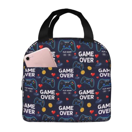 Men Gaming Video Print Insulated Cooler Lunch Bag | Neon Gaming Video Games Red Blue Game Over, Heavy-Duty Nylon Cooler Bag, Large Capacity for Camping, Beach & Work - color: Pattern (862)