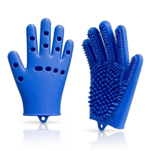Pet Grooming Gloves for Cats & Dogs – Silicone Hair Removal Glove for Bathing, Shedding & Massage – Gentle Mitt for Long & Short Hair Pets with Drainage System - color: Blue