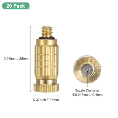 M METERXITY 20-Pack Brass Misting Nozzles, 0.016"/0.4mm Orifice Mister Nozzles Brass, High Pressure Spray Misting Nozzle Head for Outdoor Cooling System/Greenhouse/Landscaping [10/24 UNC] - size: 0.4mm