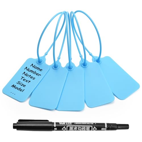50 Blue Blank Plastic Tags for Labeling Waterproof Hanging Labels Writable Tags Seal Plastic Marking Label for Clothes Bags Keys Inventory with One Marker Pen - color: Blue, size: 50 PCS