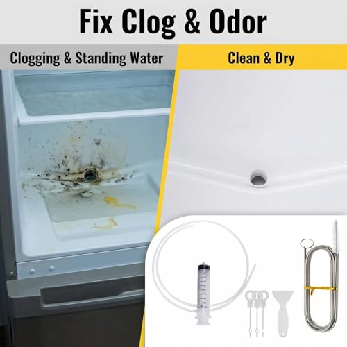 7-Piece Refrigerator Drain Hole Cleaner Kit, 60in Flexible Fridge Drain Cleaning Brush & Hose Set with Syringe, Plungers and Shovel for Unclogging Fridge Water Line & Dispenser