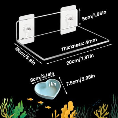 Axolotl Hammock Ledge for Aquarium, Axolotl Feeding Shelf with Feeder Bowl, Ceramic Heart Shape Feeding Dish, Tank Accessories for Bearded Dragons, Geckos, Lizards