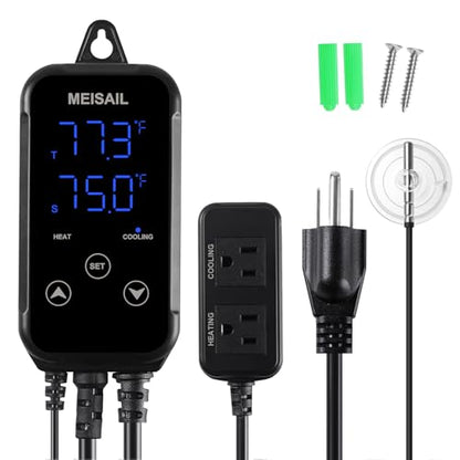 Digital Temperature Controller 2-Stage Outlet Thermostat | Heating and Cooling Mode, Carboy Homebrew Fermenter, Greenhouse Terrarium, 110V 10A, S10B-B