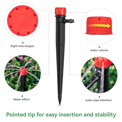 100pcs Drip Irrigation Emitters for 1/4" Drip Tubing | Adjustable 360 Degree Water Flow, 5" Arrow Stake, Garden Irrigation Drippers, For 4-7mm Watering System Kit - size: 100pcs Drip Emitters