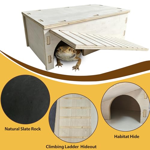 Bearded Dragon Basking Platform Gecko Hide Wood Reptile Hide Cave | Large,12.9"×7.1"×4.7",Detachable,Installation Instructions,with Slate Rock Mat,for Gecko Chameleon Snake Crested Gecko - size: Large