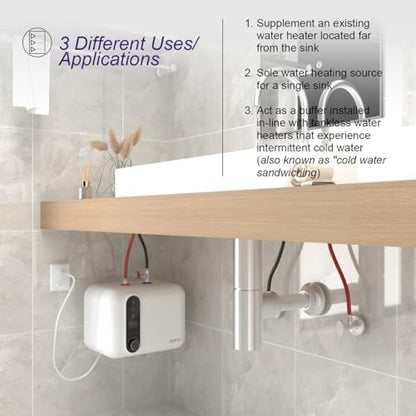 110V-120V 1.5Kw Instant Electric Hot Water Heater Under Kitchen Small Tank 2.5-3.0 Gallon Storage,Rv Trailer Instant Counter Compact Point-of-Use,2 PCs 16” Long 1/2”FIP Stainless Steel Water Hose 11L