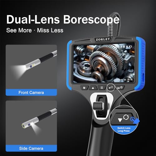 Dual Lens Two-Way Articulating Borescope Camera with Light, 5" Inspection Camera Endoscope, 0.25in Slim Probe, Waterproof 5.0FT Snake Camera for Automotive, Mechanics & Engine Inspection