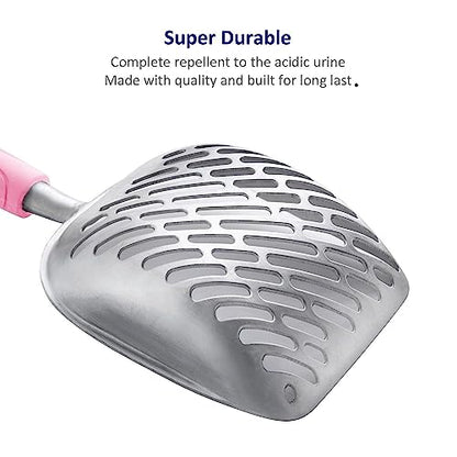 Cat Litter Scoop, Aluminum Alloy Sifter, Kitty Metal Scooper, Deep Shovel with Diagonal Sifting Hole, Long Handle, Kitten Poop Lifter for Litter Box, Large Size, Pink Handle - color: #10 Pink, size: Large