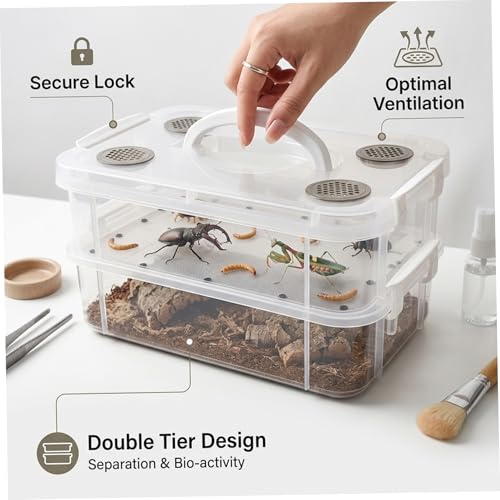 Mealworm Breeding Kit, 24x16x13cm Clear Plastic Reptile Breeding Box with Automatic Waste Separation & Cleaning Tools, Critter Keeper Container for Bearded Dragon Lizard Spider