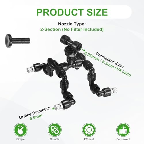 M METERXITY Reptile Mister Nozzles, 0.6mm Pore Copper 1/4" Four-Head Reptile Misting Spray Nozzle with Plug for Terrarium/Vivarium, 360 Degree Adjustable Detachable Nozzles [Black]
