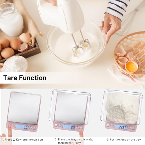 Fuzion Small Gram Scale 3000g, Digital Kitchen Food Scale, Gram and Ounce | 0.1g Accuracy, 6 Modes, 2 Trays Included, Tare Function, Piece Counting, For Food, Coffee, Cooking, Herb, Reptiles, Coins - color: Pink
