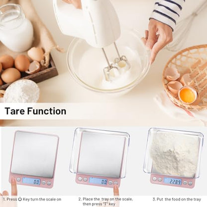 Fuzion Small Gram Scale 3000g, Digital Kitchen Food Scale, Gram and Ounce | 0.1g Accuracy, 6 Modes, 2 Trays Included, Tare Function, Piece Counting, For Food, Coffee, Cooking, Herb, Reptiles, Coins - color: Pink