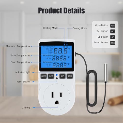Plug in Digital Thermostat Temperature Controlled Outlet with Backlit LCD, 1800W 120V 15A Heating Cooling Control for Reptile, Incubation, Aquarium, Refrigerator, Home Brewing - color: With Backlit