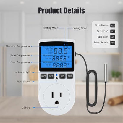 Plug in Digital Thermostat Temperature Controlled Outlet with Backlit LCD, 1800W 120V 15A Heating Cooling Control for Reptile, Incubation, Aquarium, Refrigerator, Home Brewing - color: With Backlit