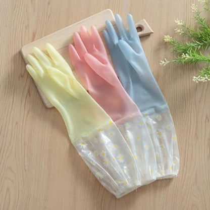 Reusable Rubber Latex PVC Flock Lined Long Elbow Hand Gloves | 3 Pair Combo, Safety Gloves for Dish-Washing, Cleaning, Gardening, Laundry, Sanitation, and Lab Work