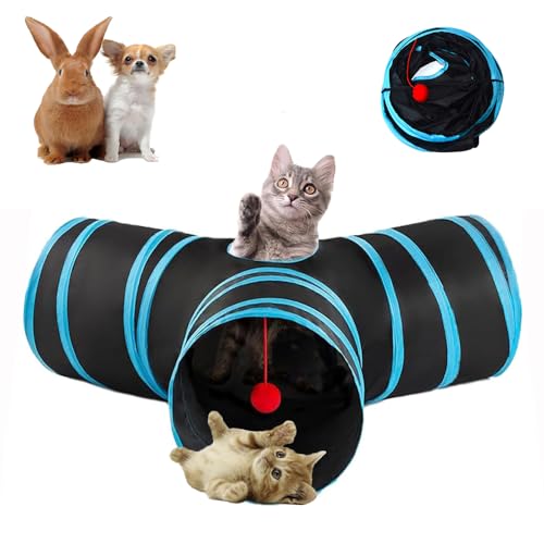 3-Way Collapsible Cat Tunnel Tube Toy Black Blue | Interactive Tunnel with Hanging Ball & Peek Hole for Indoor Cats, Kittens, Puppies, Rabbits | Hours of Fun & Exercise - color: Black Blue
