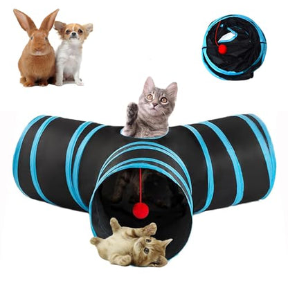 3-Way Collapsible Cat Tunnel Tube Toy Black Blue | Interactive Tunnel with Hanging Ball & Peek Hole for Indoor Cats, Kittens, Puppies, Rabbits | Hours of Fun & Exercise - color: Black Blue