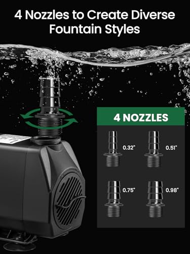 GROWNEER 950GPH Submersible Pump 50W Ultra Quiet Fountain Water Pump 3600L/H, with 9.8ft High Lift, 4 Nozzles for Aquarium, Fish Tank, Pond, Hydroponics, Statuary, Garden, Black (950GPH) - size: 950GPH