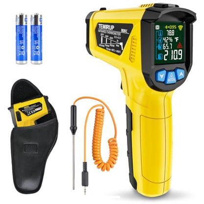 Infrared Thermometer Temperature Gun, -58°F to 1472°F, Digital Laser Thermometer Gun with Probe for Cooking, Pizza Oven, Grill & Engine, IR Thermometer Temp Gun with Adjustable Emissivity & Humidity - color: Yellow -58℉~1472℉(-50℃~800℃)