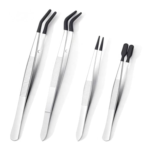 4 Pcs Rubber Tip Tweezers Set, Non-Scratch PVC Coated Tips - Fine Point, Flat & Bent Head Tweezers for Crafts, Jewelry Making, Electronics, Eyelash Extensions - color: Black