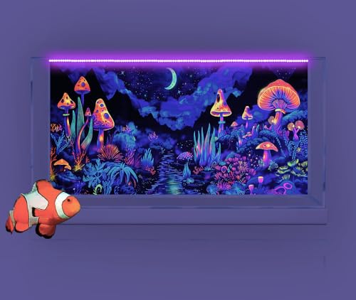 72X16IN Blacklight Mushroom Flower Black Light Aquarium Background, UV Fish Tank Background Moonlight Mountain Forest Landscape Terrarium Background with 10 EVA Double-Sided Tape - size: 72X16in/180X40cm