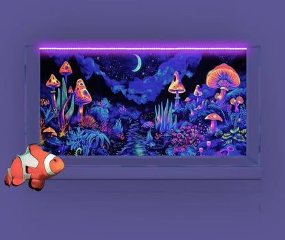 72X16IN Blacklight Mushroom Flower Black Light Aquarium Background, UV Fish Tank Background Moonlight Mountain Forest Landscape Terrarium Background with 10 EVA Double-Sided Tape - size: 72X16in/180X40cm