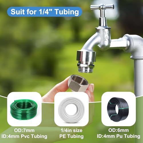 POCKET PANDA Garden Hose to 1/4 Tubing Adapter for Patio Misting Cooling System, 3/4'’to 1/4" Faucet Connector for Drip Irrigation,Greenhouse Watering System,2 Brass Thread Fittings with 2 End Plug.