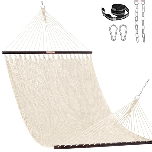 Lazy Daze Hammocks 13 FT Extra Large 2+ Person Caribbean Rope Hammock, Hand Woven Polyester XL Hammock with Spreader Bars, for Outside Outdoor Backyard Patio Poolside, 500 LBS Capacity, Gream - color: Gream