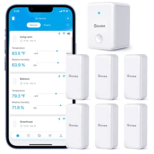 Govee Hygrometer Thermometer 6 Pack, Mini Humidity Sensor with Gateway | Indoor wireless smart temperature humidity monitor with APP alert, export 2-yr data, remote control for home/greenhouse - style: BT Gateway + 6 Sensors