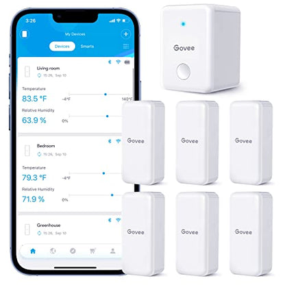 Govee Hygrometer Thermometer 6 Pack, Mini Humidity Sensor with Gateway | Indoor wireless smart temperature humidity monitor with APP alert, export 2-yr data, remote control for home/greenhouse - style: BT Gateway + 6 Sensors