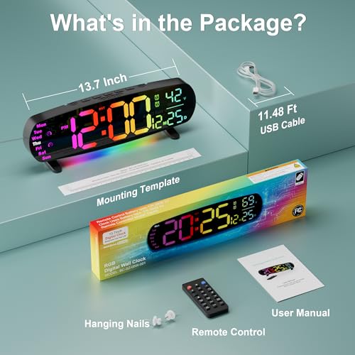 Digital Wall Clock,14.4 Inch Large Display | Auto Dimming, Temperature and Date, Remote Control, Night Light, DST, Alarm， Wall Cock for Bedroom/Classroom/Gym/Seniors - color: Colorful