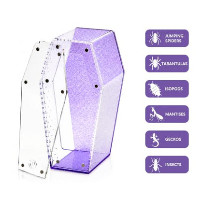 Glitter Acrylic Coffin Jumping Spider Enclosure - Gothic Terrarium Habitat with Magnetic Lid, Micro Reptile Breeding Box for Slings, Mantis, Isopods and Small Insects (Glitter Purple) - color: Glitter Purple