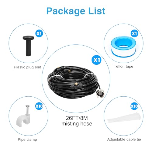 26FT Misters for Outside Patio, 7 Brass Nozzles, 3/4 Inch Adapter | Creates cooling fine mist for compact patios, gardens and greenhouses; 8M preassembled line supports easy DIY setup. - size: 26FT